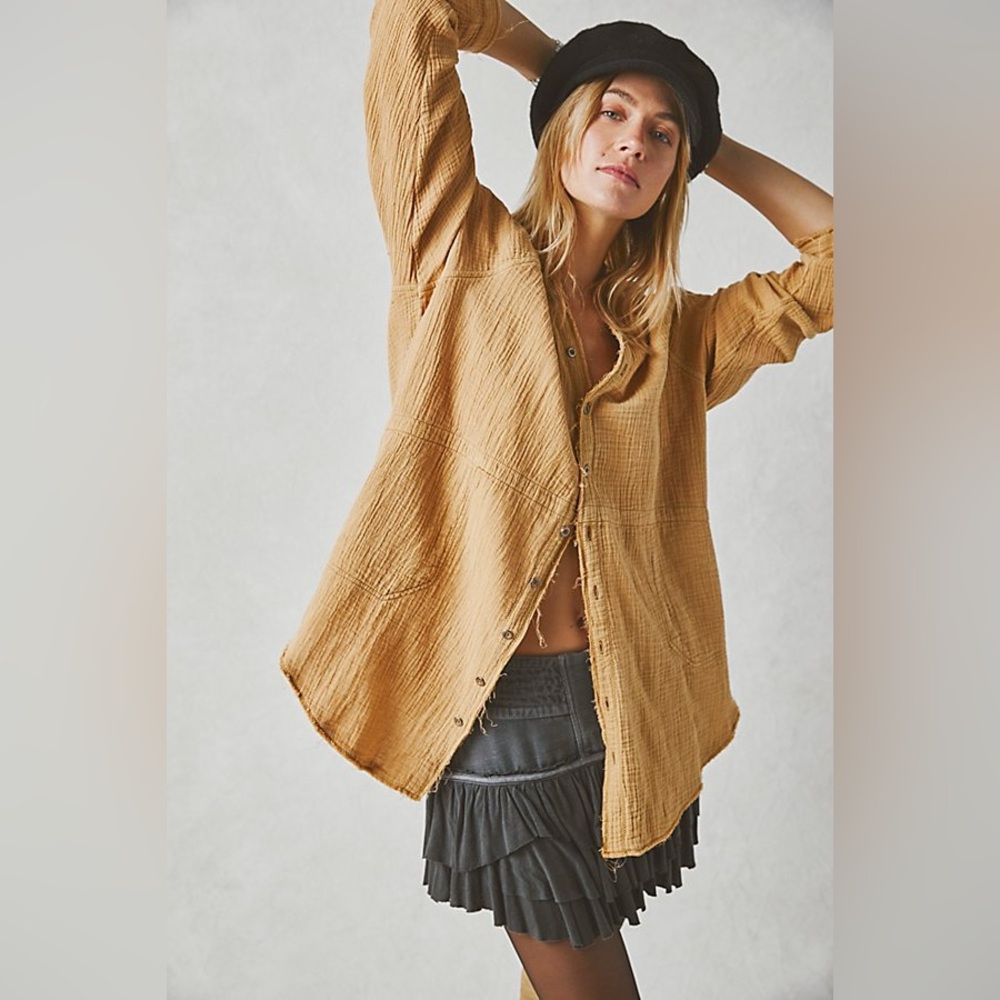 We The Free Tan Oversized Notched Collar Shirt